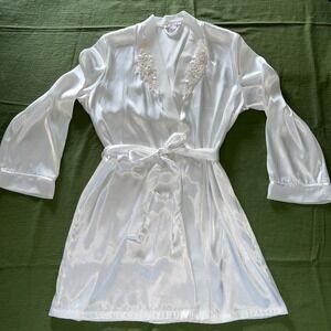 Linea Donatella Womens White Satin Robe L/XL Lace Sequin Princess Bridal Glam